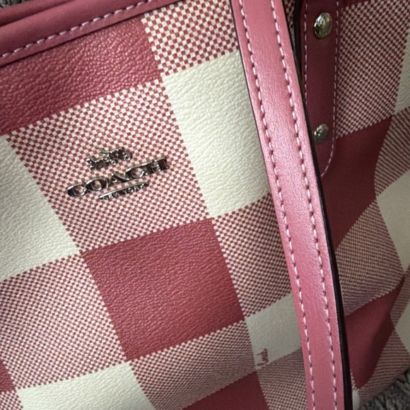 COACH Buffalo Plaid Red Pink Tote Bag Leather Trim & Full Size Wallet Wallet - Picture 8 of 16